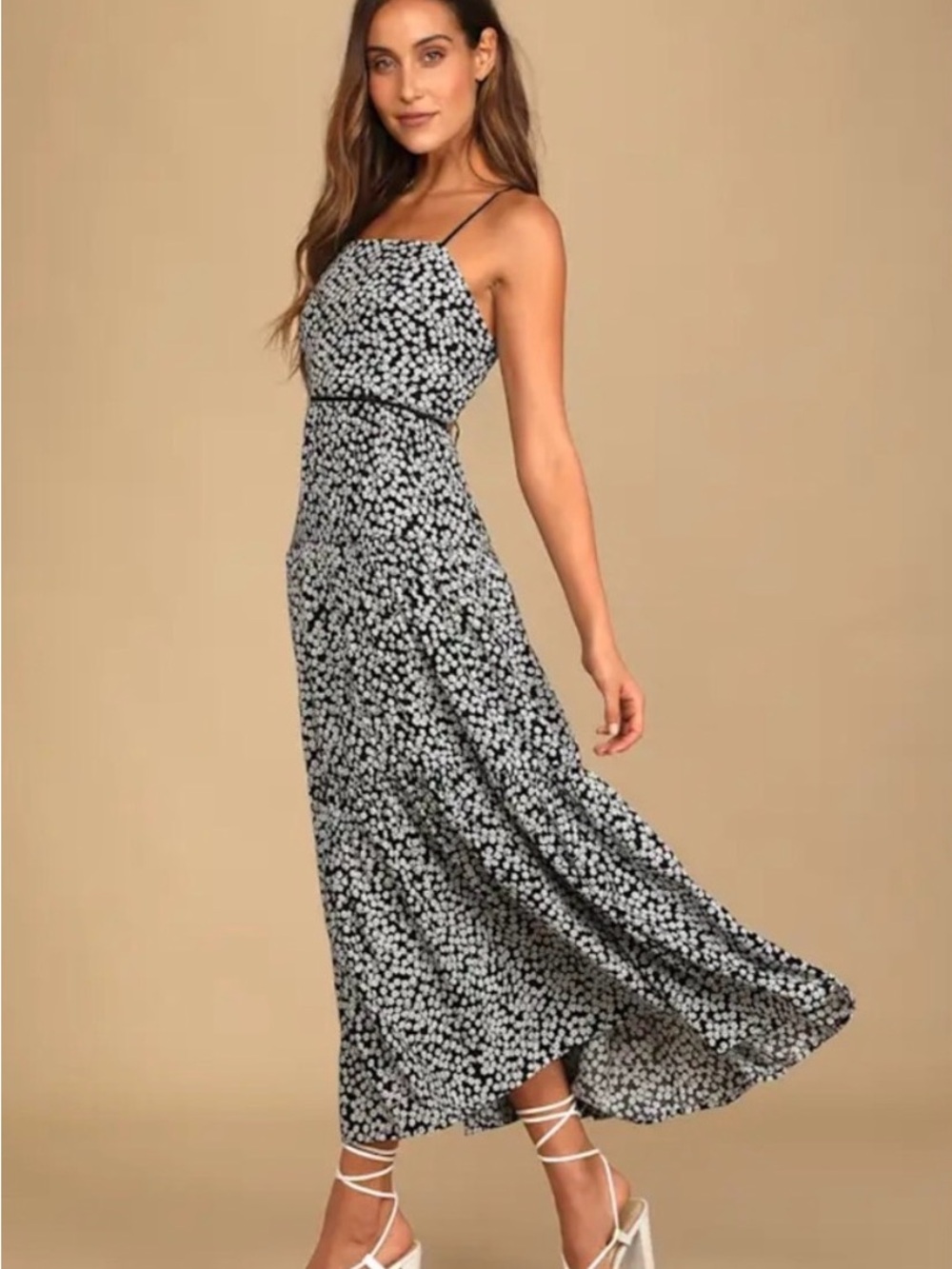 Lulus Black & White Floral Open Back Maxi Dress